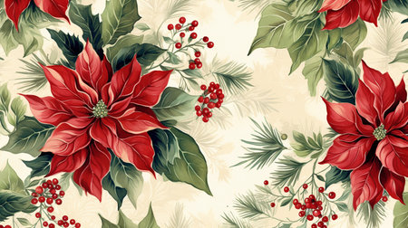 Fir tree twigs and poinsettia flowers edges on simple background with copy space. Generative ai. High quality illustrationの素材