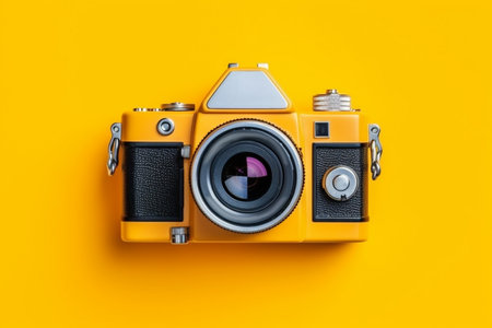 Photo camera on yellow background top view. Generative ai. High quality illustrationの素材