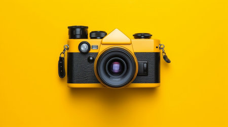 Photo camera on yellow background top view. Generative ai. High quality illustrationの素材