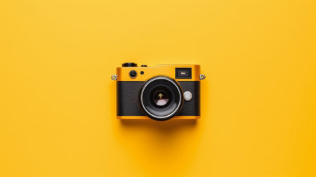 Photo camera on yellow background top view. Generative ai. High quality illustrationの素材
