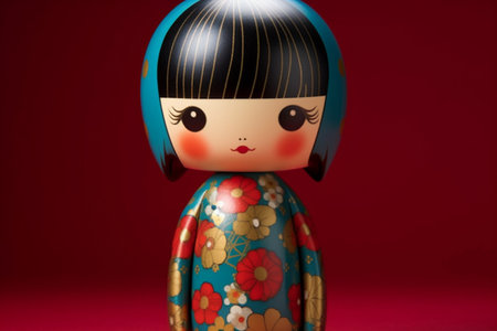 Generative ai. Japanese kokeshi doll with short hair and traditional kimonoの素材