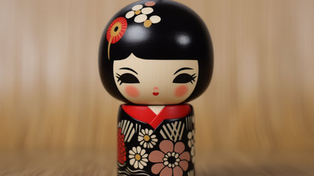 Generative ai. Japanese kokeshi doll with short hair and traditional kimonoの素材