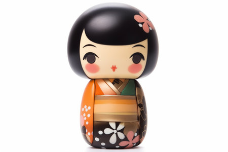 Generative ai. Japanese kokeshi doll with short hair and traditional kimonoの素材