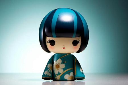 Generative ai. Japanese kokeshi doll with short hair and traditional kimonoの素材