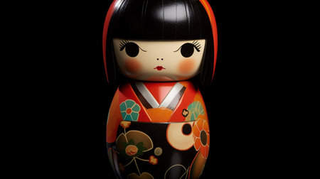 Generative ai. Japanese kokeshi doll with short hair and traditional kimonoの素材
