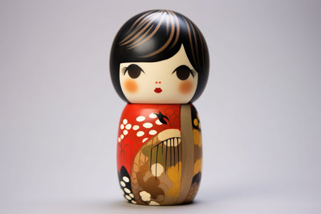 Generative ai. Japanese kokeshi doll with short hair and traditional kimonoの素材