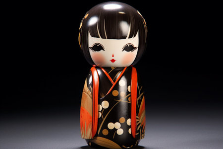 Generative ai. Japanese kokeshi doll with short hair and traditional kimonoの素材