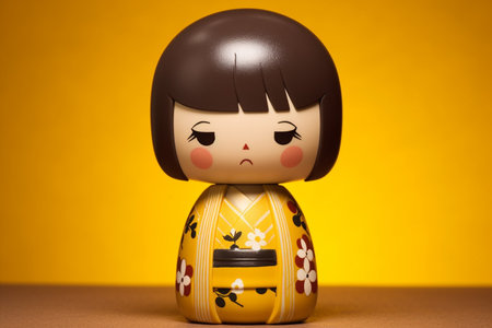 Generative ai. Japanese kokeshi doll with short hair and traditional kimonoの素材