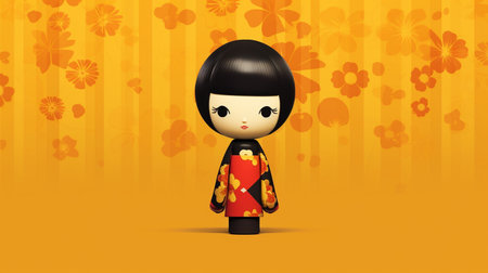 Generative ai. Japanese kokeshi doll with short hair and traditional kimonoの素材