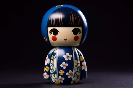 Generative ai. Japanese kokeshi doll with short hair and traditional kimonoの素材