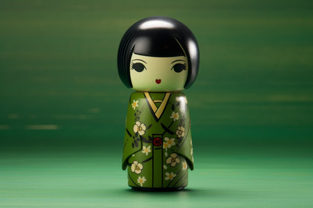 Generative ai. Japanese kokeshi doll with short hair and traditional kimonoの素材