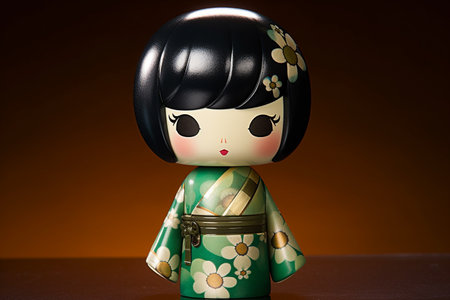 Generative ai. Japanese kokeshi doll with short hair and traditional kimonoの素材