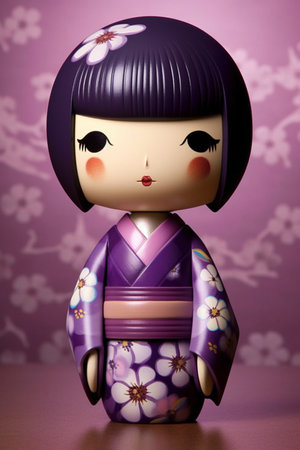 Generative ai. Japanese kokeshi doll with short hair and traditional kimonoの素材