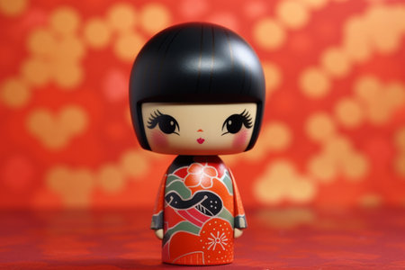Generative ai. Japanese kokeshi doll with short hair and traditional kimonoの素材