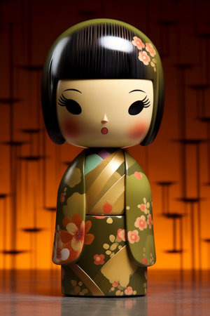 Generative ai. Japanese kokeshi doll with short hair and traditional kimonoの素材