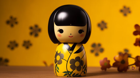Generative ai. Japanese kokeshi doll with short hair and traditional kimonoの素材