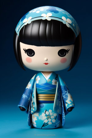 Generative ai. Japanese kokeshi doll with short hair and traditional kimonoの素材