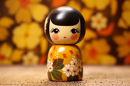 Generative ai. Japanese kokeshi doll with short hair and traditional kimonoの素材