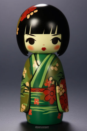Generative ai. Japanese kokeshi doll with short hair and traditional kimonoの素材