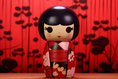 Generative ai. Japanese kokeshi doll with short hair and traditional kimonoの素材