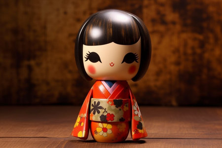 Generative ai. Japanese kokeshi doll with short hair and traditional kimonoの素材