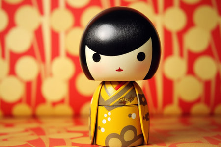 Generative ai. Japanese kokeshi doll with short hair and traditional kimonoの素材