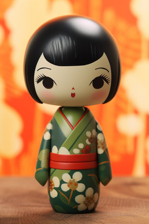 Generative ai. Japanese kokeshi doll with short hair and traditional kimonoの素材