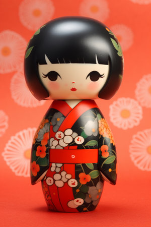 Generative ai. Japanese kokeshi doll with short hair and traditional kimonoの素材