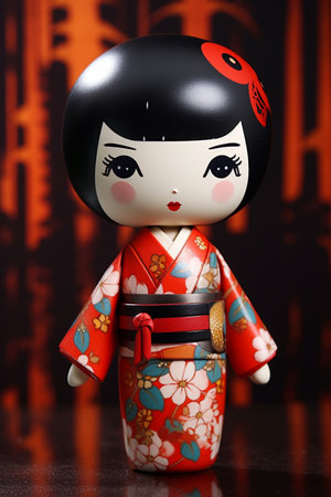 Generative ai. Japanese kokeshi doll with short hair and traditional kimonoの素材