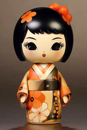 Generative ai. Japanese kokeshi doll with short hair and traditional kimonoの素材