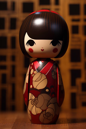 Generative ai. Japanese kokeshi doll with short hair and traditional kimonoの素材