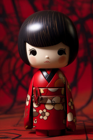 Generative ai. Japanese kokeshi doll with short hair and traditional kimonoの素材