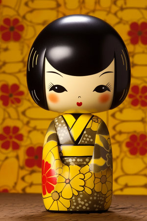 Generative ai. Japanese kokeshi doll with short hair and kimonoの素材