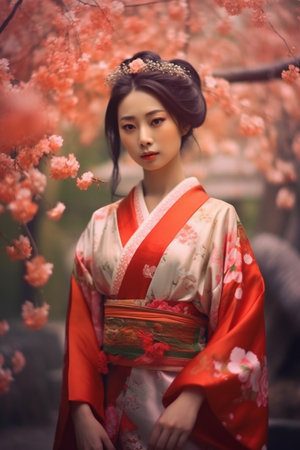 Generative ai. Asian girl traditional kimono and cherry garden. High quality illustrationの素材
