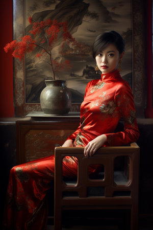 Cheongsam on a woman indoors. generative ai. High quality illustrationの素材