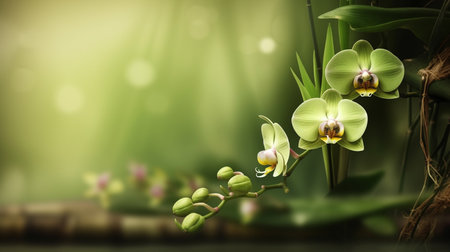Lucky Bamboo and two orchid flowers on natural. generative ai. High quality illustrationの素材