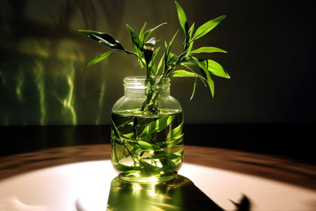Green lucky bamboo Dracaena braunii, or Ribbon plant, belgian evergreen in glass water jar with shadow. generative ai High quality illustrationの素材