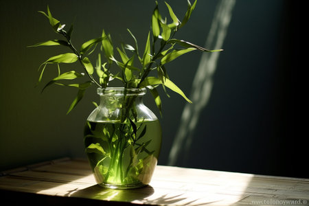 Green lucky bamboo Dracaena braunii, or Ribbon plant, belgian evergreen in glass water jar with shadow. generative ai High quality illustrationの素材
