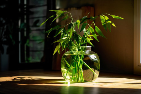 Green lucky bamboo Dracaena braunii, or Ribbon plant, belgian evergreen in glass water jar with shadow. generative ai High quality illustrationの素材