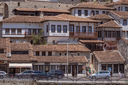 Berat, Albania. July 2022: Historical oriental houses in the old city of Berat in Albaniaのeditorial素材