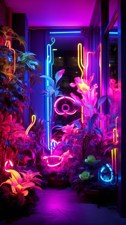 Generative ai. decoration interior bar or night club in neon blue and red lights. Party or nightlife entertainment.の素材