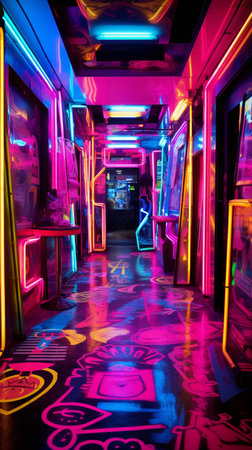 Generative ai. decoration interior bar or night club in neon blue and red lights. Party or nightlife entertainment.の素材