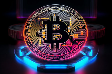Close up of metal shiny bitcoin crypto currency coins in neon light. generative ai.の素材