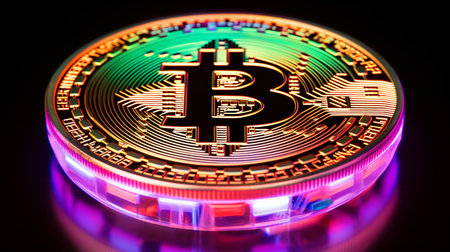 Close up of metal shiny bitcoin crypto currency coins in neon light. generative ai.の素材