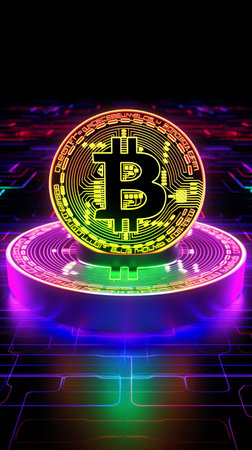 Close up of metal shiny bitcoin crypto currency coins in neon light. generative ai.の素材