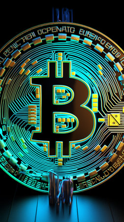 Close up of metal shiny bitcoin crypto currency coins in neon light. generative ai.の素材