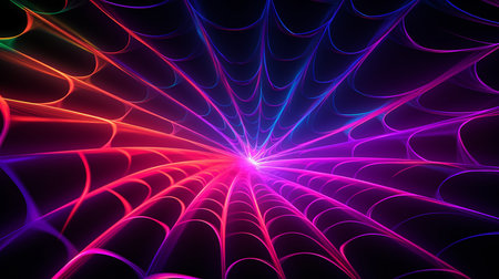 Celebration halloween holiday backdrop, huge multicolored in neon light spider web. generative aiの素材
