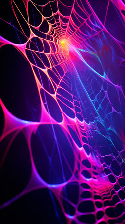 Celebration halloween holiday backdrop, huge multicolored in neon light spider web. generative aiの素材