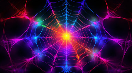 Celebration halloween holiday backdrop, huge multicolored in neon light spider web. generative aiの素材