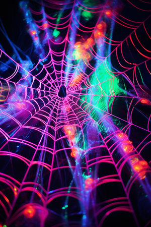 Celebration halloween holiday backdrop, huge multicolored in neon light spider web. generative aiの素材